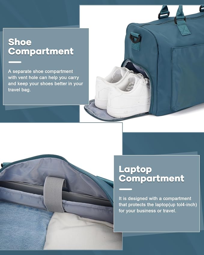 Gym Bag for Women Men Duffle Bags for Travel with Shoe Compartment Shoulder Weekender Overnight Carry on Tote Bags for Airplane Beach Bag Workout Yoga Sport Swimming Peacock Blue