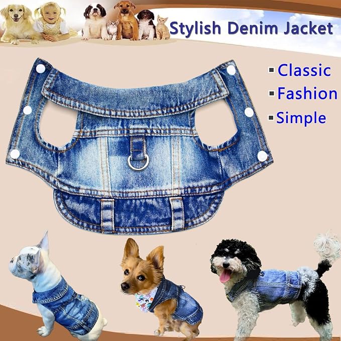 Dog Jean Jacket,Blue Denim Vest for Small Pet,Cute Clothes with D-Ring | Soft Washed Cotton Denim Costume,Cool Apparel Dress Shirt for Puppy,Classic Coat Outfit for Small Dogs Cats Boy Girl
