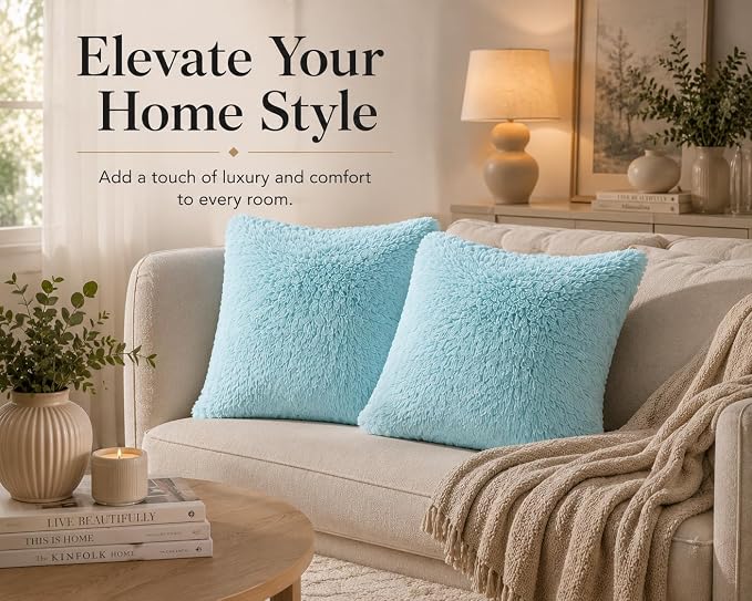 REAFORT Long Hair Faux Fur Euro Sham Cover 26"x26", Hidden Zipper(Aqua) | Ultra-soft plush faux fur with a hidden zipper adds luxurious comfort and is machine washable for easy care.
