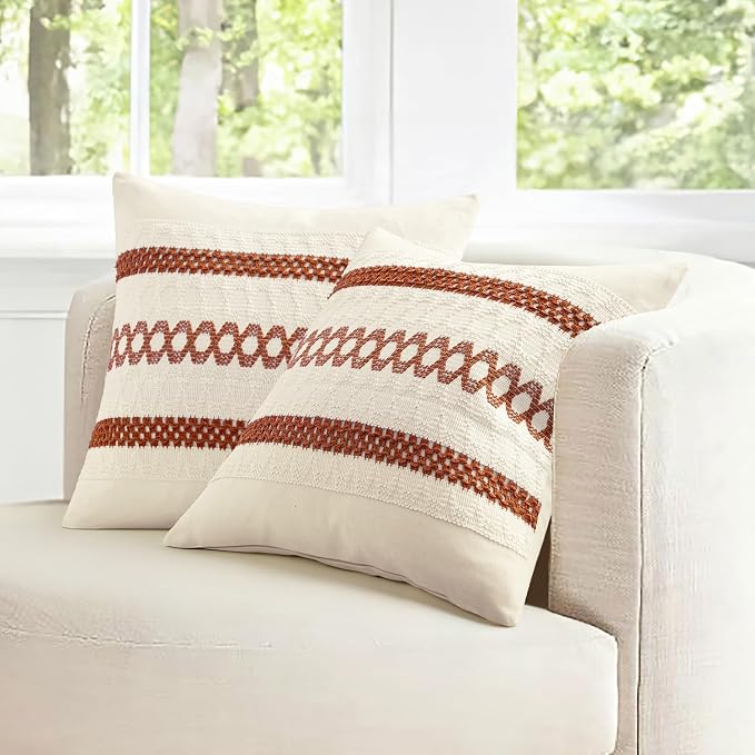 MIULEE Set of 2 Fall Rust Decorative Pillow Covers 18x18 | Farmhouse Boho Couch Throw Pillows, Modern Cotton Cushion Covers, Macrame Woven Home Decor for Bed Sofa Chair