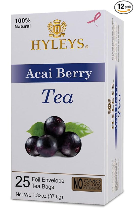 12 Pack Of Hyleys Natural Acai Berry With Green Tea - 25 Tea Bags - (100% Natural, Sugar Free, Gluten Free And Non-GMO)