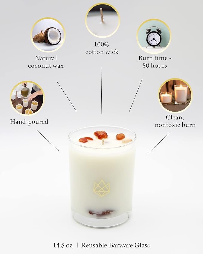 Tiger Eye Crystal Infused Luxury Glass Jar Candle, 14.5 OZ, Strength - Scents of Cedarwood, Amber, & Sage - Power, Courage, & Expansion - Coconut Wax, Meditation, Yoga, Metaphysical