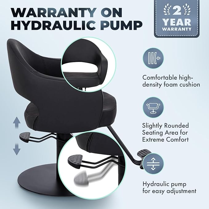 Buy-Rite Cleo Professional Salon Styling Chair & Barber Chair, All Black Vinyl with Black Stitching, Easy-Clean Crevice-Free Seat, Flat Round Base, Heavy-Duty Build, YLG-376