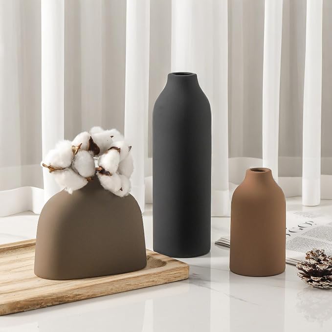 Enra Modern Ceramic Vase Set of 3, Minimalist Pottery Vases for Home Decor | 3-piece matte pottery accents in varied sizes, perfect for shelves, tables, mantels, dried flowers and pampas grass styling.