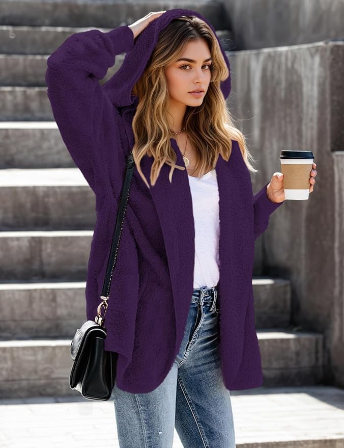 Zilcremo Women Hooded Cardigan Fuzzy Jacket Winter Open Front Fleece Coat Outwear with Pockets