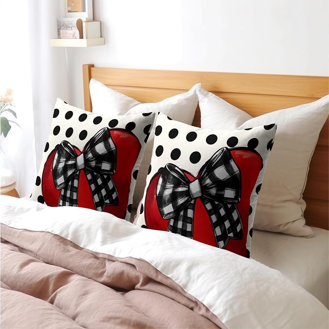 Kawani Love Heart Pillow Covers 20x20 Inch, Polka Dots Valentine's Day Wedding Throw Pillowcase Cotton Linen Cushion Case for Sofa Couch Proposal Anniversary Decorations Pack of 2