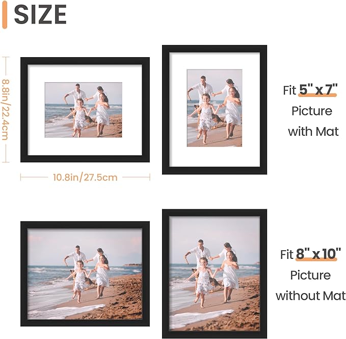 upsimples 8x10 Picture Frames, Gallery Wall Frames Set of 5, Black | Photo Frame Collage Wall Decor, 8 x 10 Frame, 5x7 Frame with Mat for Family, Baby, Hallway, Christmas