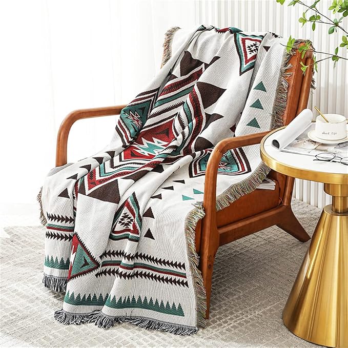 Homesy Aztec Throw Blanket Native Southwestern Bed Blankets 51"x63" White | Southwest Decor,Boho Style,Sofa Chair Cover,Outdoor Beach Car Tent Travel Camping Use,Tapestry,Reversible and Tassels