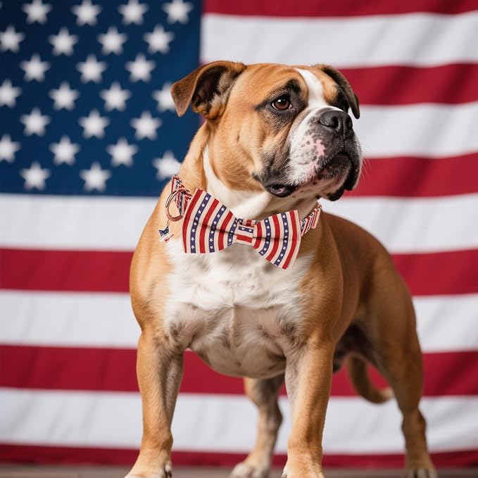 ADOGGYGO American Flag Dog Collar with Bow, Detachable Striped Star Bow, Metal Buckle, Adjustable Patriotic 4th of July Collars for Medium Dogs Boy Girl Male Female (Medium)