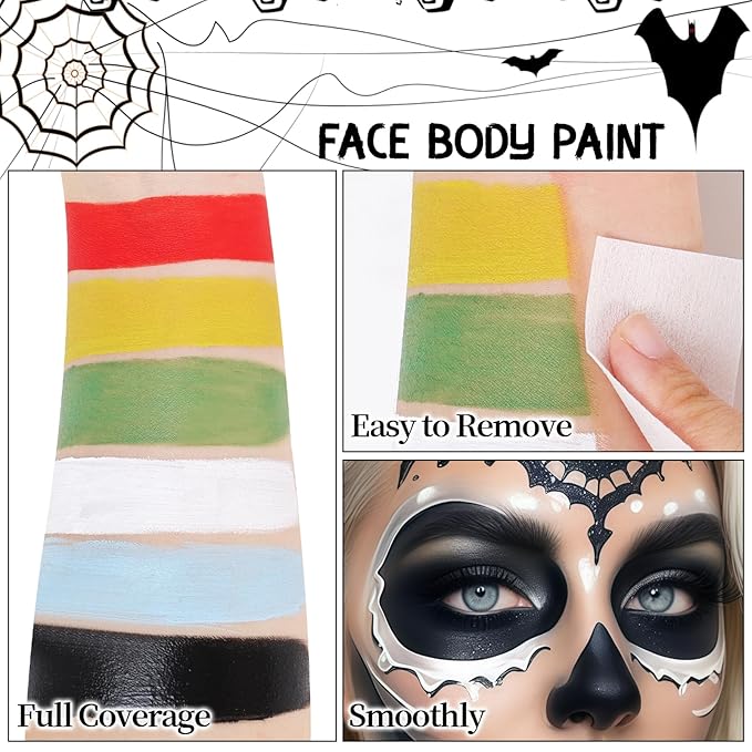 Halloween Makeup Kit for Sally and Corpse Bride Looks, Water-Based Non-Toxic Face Paint Set with Light Blue Face Paint, Red Lip Gloss, Black Eyeliner for Halloween Cosplay, Stage