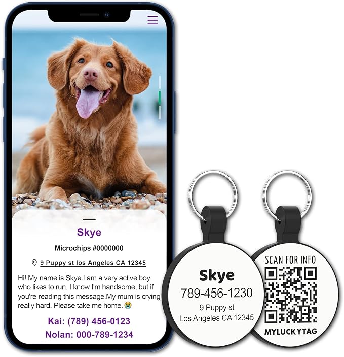 MYLUCKYTAG Silent Silicone QR Code Pet ID | Personalized Dog & Cat Collar Tag | Online Profile with Scanned Location Alert Email
