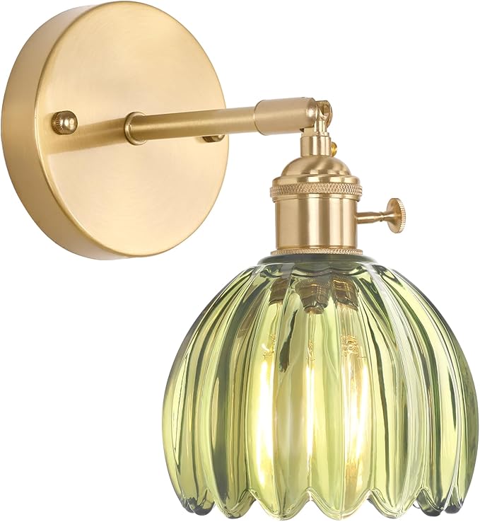 Shenmoyl Vintage Wall Sconces with Green Tulip Glass Lampshade 180 Degree Adjustable Brass Sconces Hradwired Modern Wall Lighting Fixture with Switch for Bedside Bedroom Doorway