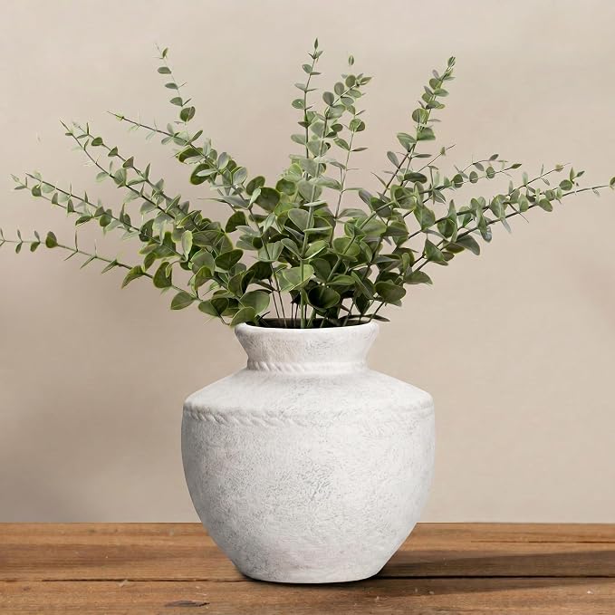 Rustic Farmhouse Vase 6 Inch Small White Ceramic Flower Vases for Home Decor Vintage Pottery Vase for Living Room Bedroom Shelf Office Coffee Table Centerpiece