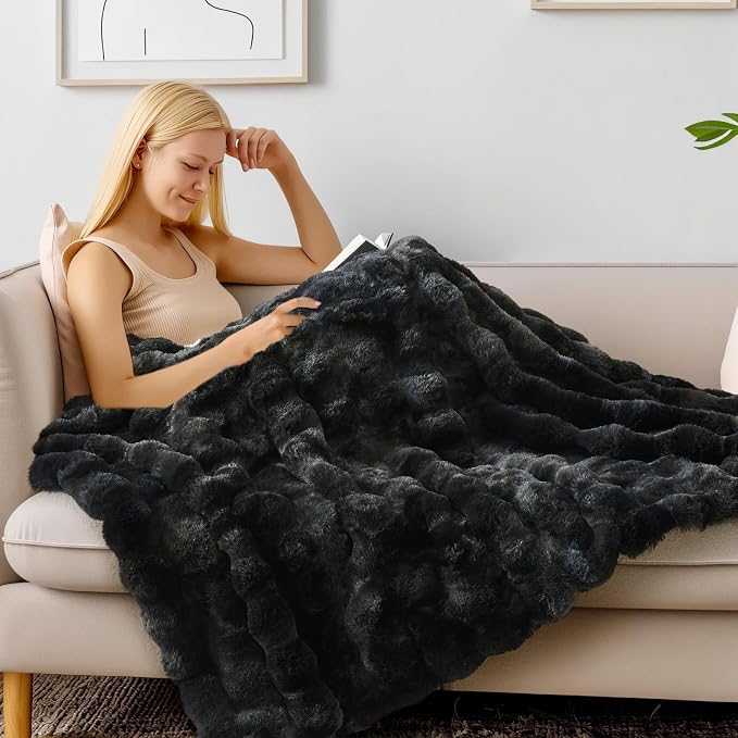 BEDELITE Faux Fur Throw Bubble Blanket for Couch, 60" x 80", Tie-Dye Black | 870GSM Soft Cozy Plush Blanket for Sofa & Bed Living Room Decor, Warm Fuzzy Faux Rabbit Fur for Women Gift, All Season Use