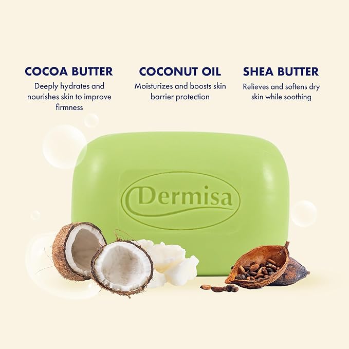 Dermisa Moisturizing Bar with Cocoa Butter, Coconut Oil and Shea Butter - Hydrating Face and Body Cleanser for All Skin Types - 3.0oz, Pack of 3