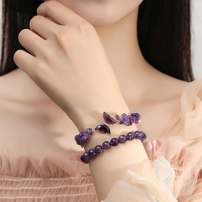DUQGUHO 2Pcs Butterfly Bracelets for Women Healing Crystals Bracelets for Women Natural Gemstone Bead Bracelet Cute Butterfly Charm Bracelet Stretch 8mm Crystal Jewelry Gifts for Women