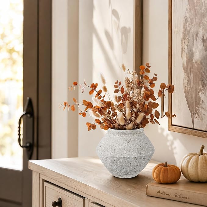 Briful Rustic Ceramic Vase 6'' Decorative Farmhouse Table Vase, Off White | Weathered Light Clay Urn Pottery for Shelf Decor, Entryway Console, Bathroom Vanity, Coffee Table Centerpiece, Faux Floral