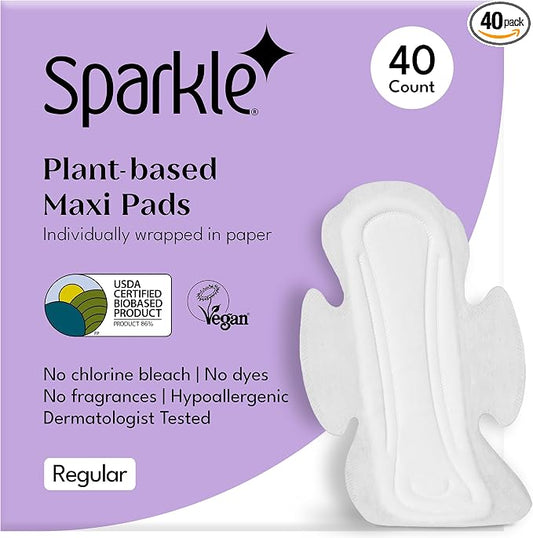 Sparkle Sanitary Pads for Women, Plant-Based Maxi Pads with Wings | Feminine Pads | Organic Pads | Period Pad Softer Than Cotton Pads, Regular Absorbency, Unscented (Regular Pads, 40 Count)