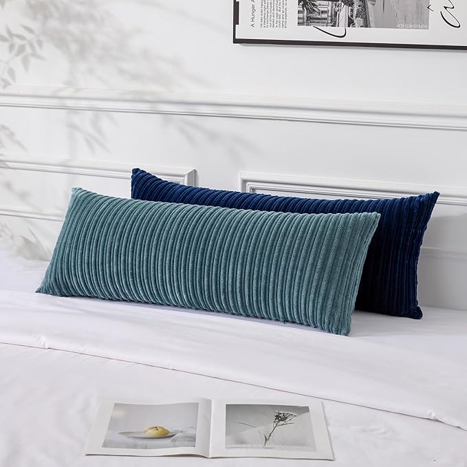 UGASA 14x36 Inch Pillow Cover Pack of 1 Soft Boho Stripe Corduroy Large Long Rectangle Lumbar Cushion Case Farmhouse Decorative Throw Pilowcase for Bed, Couch, Sofa, Bedroom, Living Room, Blue Grey