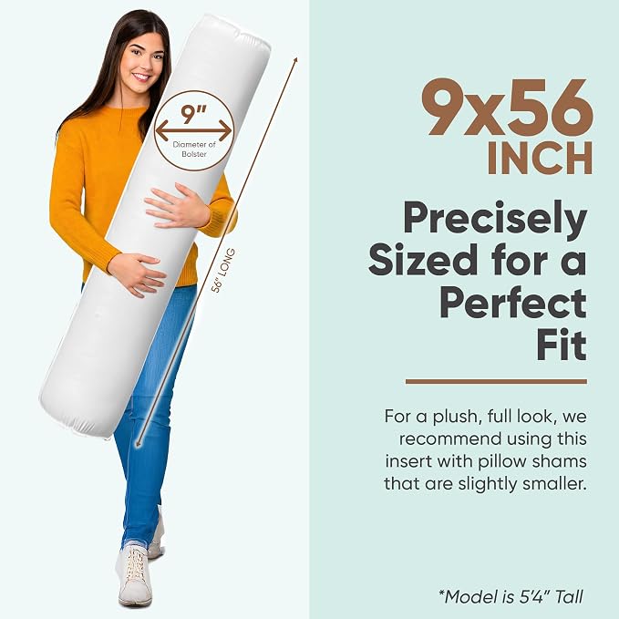 Pillowflex Bolster Pillow (9x56) - Round Roll Pillow Bolster Insert, Plush Polyester-Filled Insert for Decorative Shams, Odorless, Lint and Dust-Free Polyester Filling, No Lumps - (White)