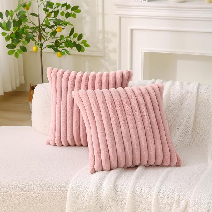 Decorative Throw Pillow with Inserts, Set of 2 Soft Faux Fur Throw Pillows, Square Boho Striped Pillow for Couch, Bed, Sofa Decor (Pink, 16" x 16"(Pack of 2))