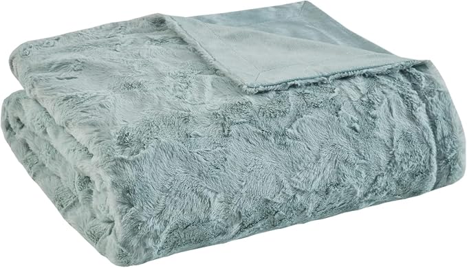 Madison Park Zuri Faux Fur Reversible Throw Blanket, 50 x 60 in, Aqua | Oversized Soft Plush, Luxury, Animal Stripes, Mink Reverse, Modern, All Season, for Bed Sofa Couch, OEKO-TEX Certified