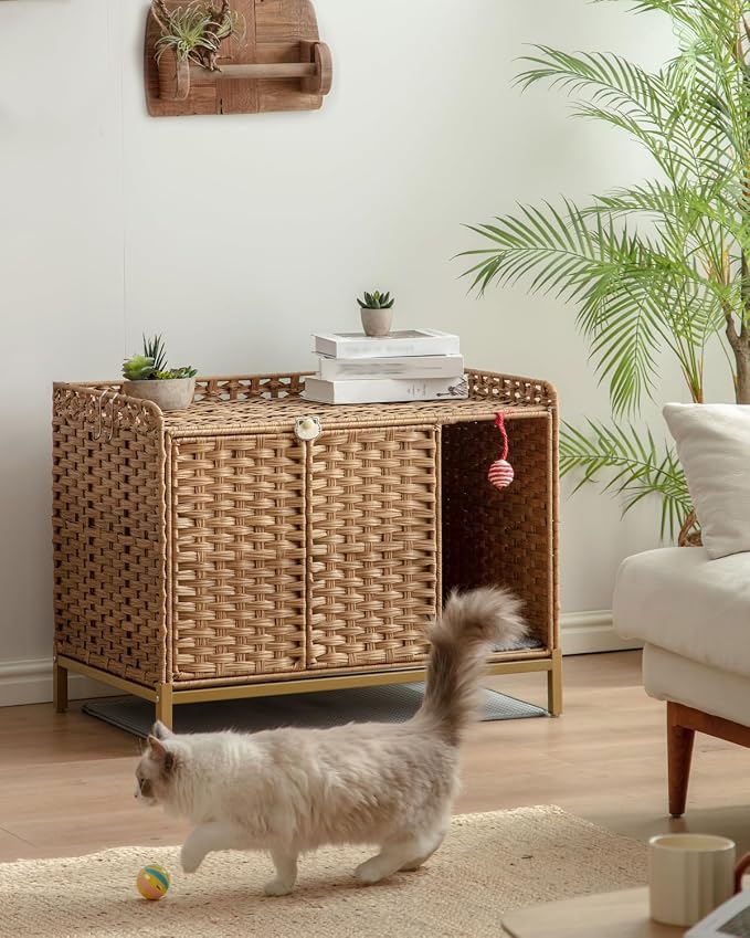 SETVSON Litter Box Enclosure Furniture with Divider, Cat Cabinet, Natural | Handwoven PE Rattan with Soft Litter Mat, 3.54-In Heightened Metal Feet, 2 S-Hooks, 31.2 x 19.6 x 24.2 In Spacious