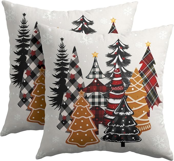 Kawani Christmas Throw Pillow Covers 18 x 18 Inches, Set of 2 Buffalo Plaid Gingerbread Xmas Trees Vintage Cotton Linen Square Pillowcases for Sofa Couch Bed Cushion Decoration