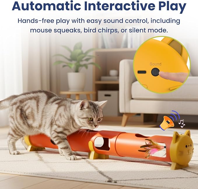 PAWSPIK Electric Feather Teaser Tube Cat Toy, Interactive Automatic Cat Toy | Smart Random Feather Play, Long Battery Life, Pet-Safe Materials, Indoor, Large