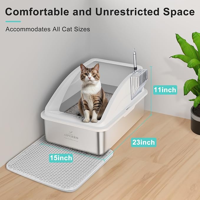 AIPERRO Stainless Steel Litter Box | XL Enclosed Cat Litter Boxes with Lid | High Sided Meat Litter Box for Big Cats | Anti-Urine Leakage | Non-Stick & Easy to Clean | Includes Litter Mat & Metal Scoop