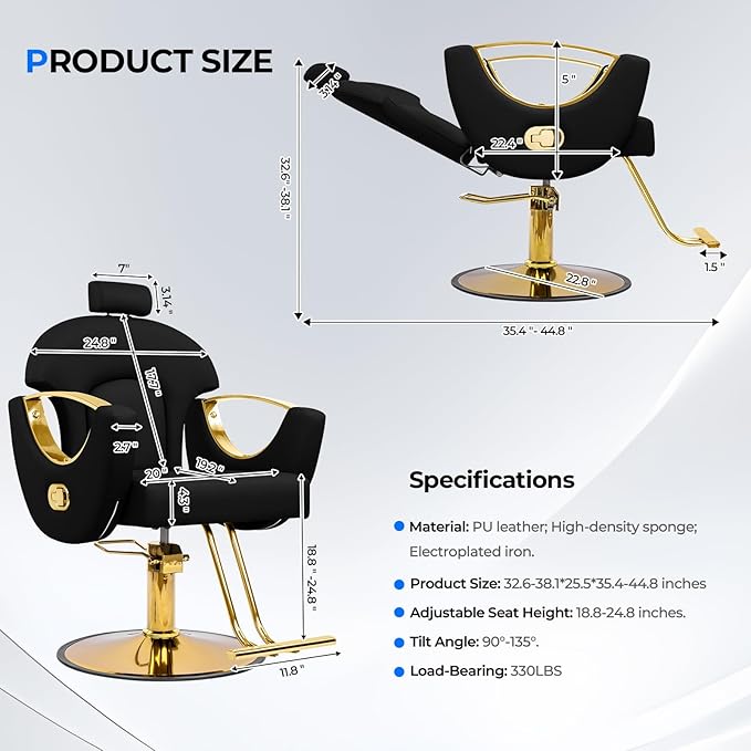Reclining Barber Chair Styling Hair Chair for Home Barbershop Height Adjustable 360 Swivel Salon Chair for Hair Stylist