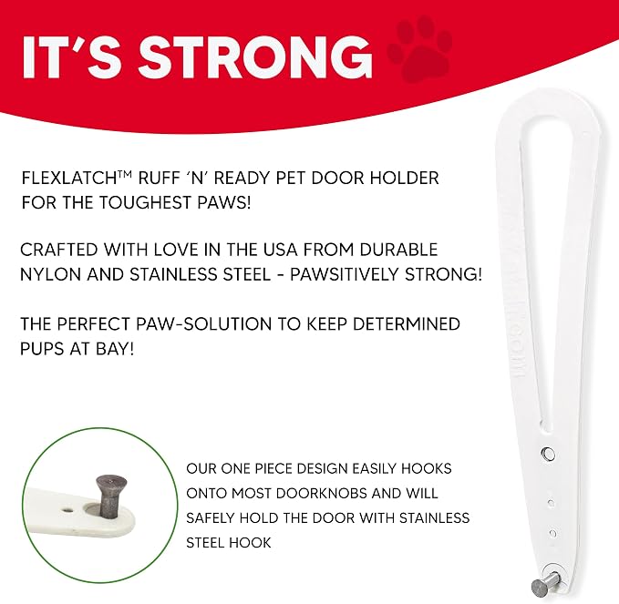 FlexLatch Cat Door Holder Latch - Extra Large Cat Door Alternative Installs Fast Flex Latch Strap Let's Cats in and Keeps Dogs Out of Litter & Food. Safe Baby Proof One Piece No Measuring Extra Easy