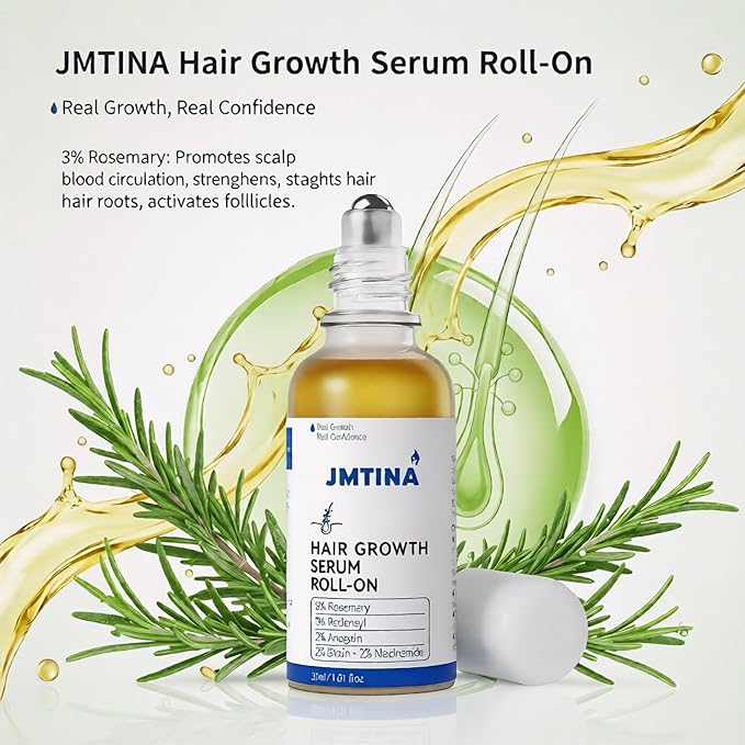 Hair Growth Serum Roll On | 3% Rosemary, 3% Redensyl & 2% AnaGain Complex | + Biotin & Niacinamide | Fast-Absorbing No-Rinse Treatment for Thinning Hair in Women & Men (1 Fl Oz Pack of 1)