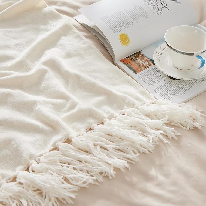 CozeCube Chenille Throw Blanket, Cream White Fringe Blanket, 60"X80" | For Couch, Cozy Plush Fuzzy Decorative Blanket with Fringe Tassels, Lightweight Throws for Bed Sofa Gift Home Decor