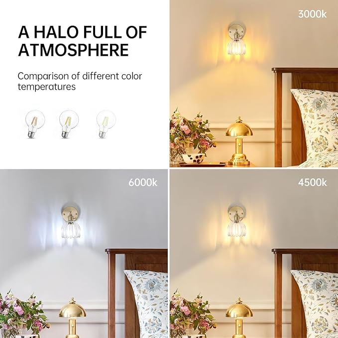 Shenmoyl Vintage Wall Sconces Set of 2 with Transparent Tulip Glass Lampshade 180 Degree Adjustable Brass Sconces Hradwired Modern Wall Lighting Fixture with Switch for Bedside Bedroom Doorway