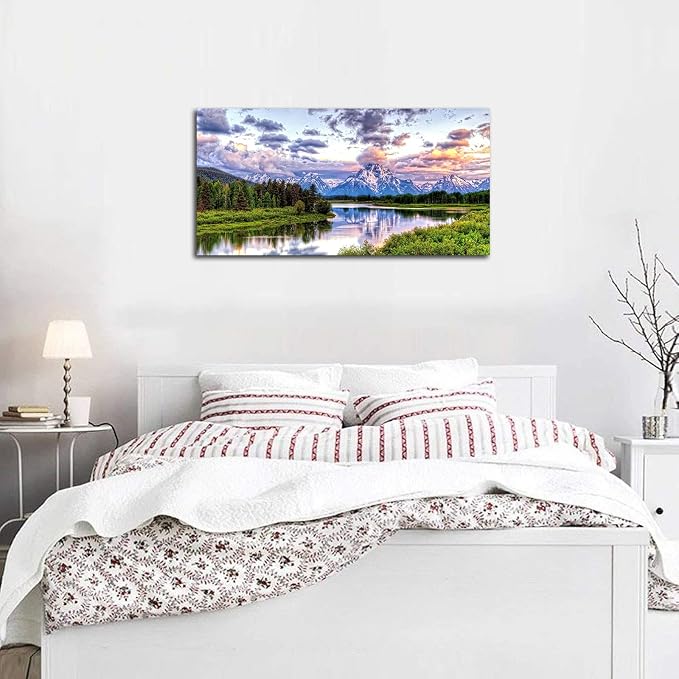 arteWOODS Landscape Canvas Wall Art Nature Picture Oxbow Bend Grand Teton National Park Modern Canvas Artwork River and Forest Contemporary Wall Art Large Size for Home Office Decoration 24" x 48"