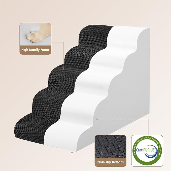 EHEYCIGA Curved Dog Stairs Ramp, 5-Step Extra Wide High Beds, Dog Steps | 33D density of pure foam, for Small Dogs and Cats, Pet Stairs for High Bed Climbing, Non-Slip Balanced Indoor, Black