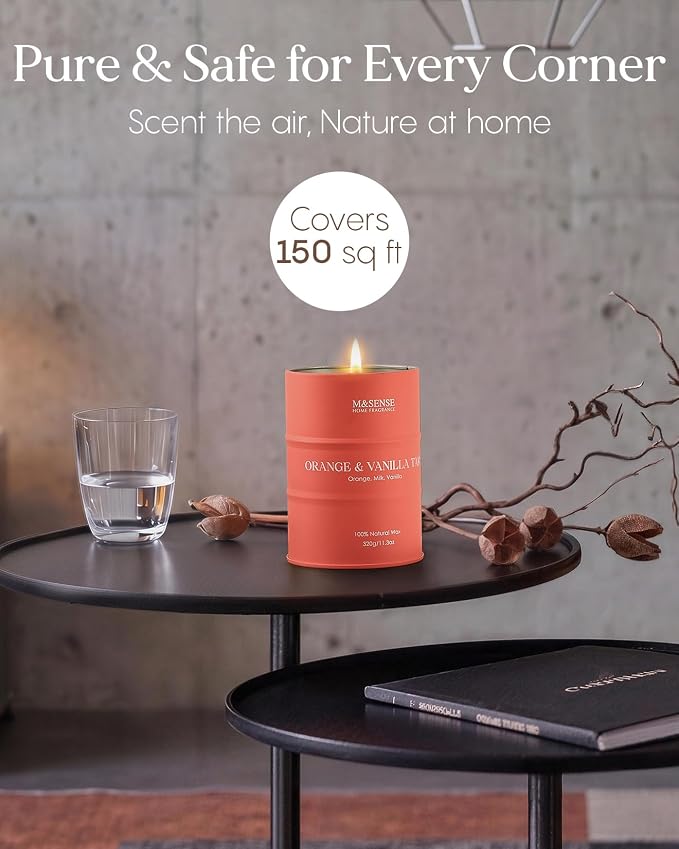 M&SENSE Orange Vanilla Scented Candles,Fall Candles for Home Organic Soy Candle, Clean Non Toxic 11.3oz 70 Hours Long Lasting Burning, Highly Scented Citrus Smelling Candle Cozy Room Decor