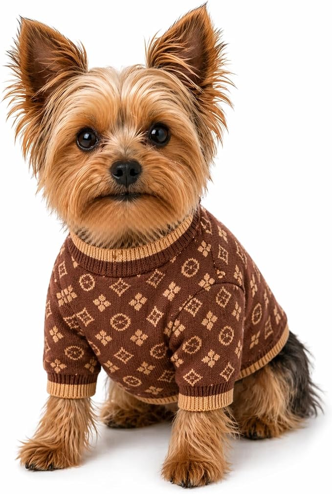 Dog Sweater for Small Dogs, Designer Dog Clothes, Luxury Chewy Pawtton Knit | Designer dog clothes for small dogs with soft knit comfort, luxury styling and easy pullover fit for Yorkies in cold weather.