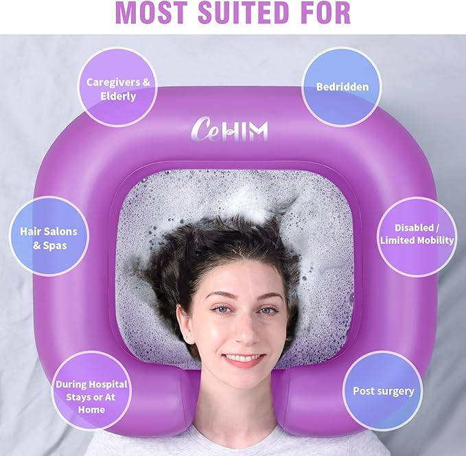 Inflatable Shampoo Basin - Portable Shampoo Bowl, Hair Washing Basin for Bedridden, Disabled,Injured, Hair Wash Tub for Dreadlocks and at Home Sink Washing (Purple)