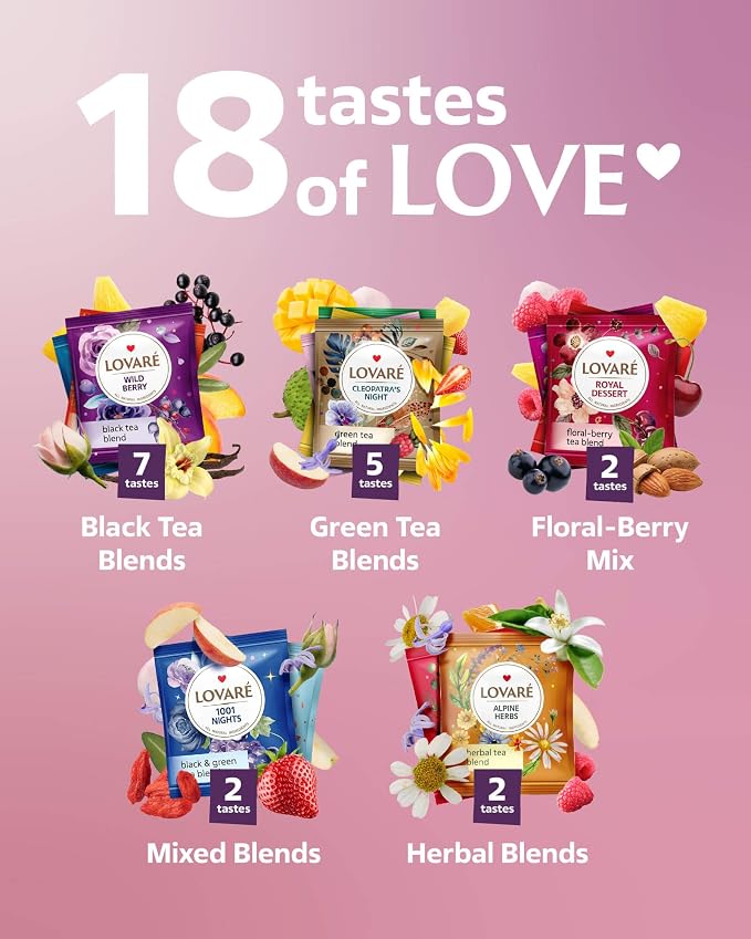 LOVARE Tea Bags Variety Pack - Made in Ukraine - Black and Green, Floral Berry, Mixed Blend, Herbal Blend Assorted Collection - Tea Sampler - Gift Sets for Tea Lovers (90 Bags - 18 Tastes)