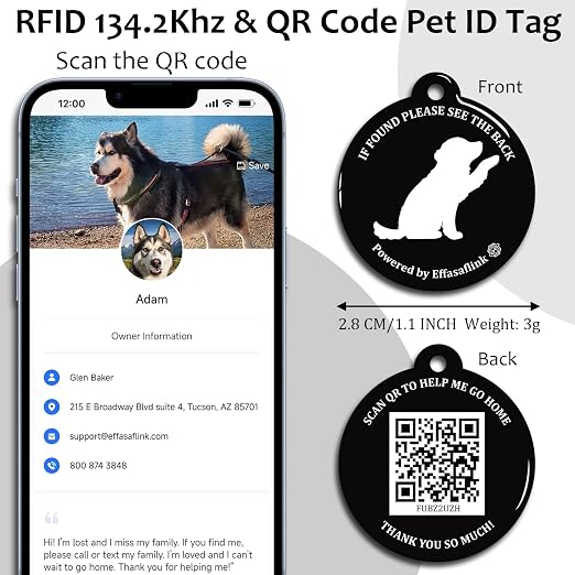 RFID 134.2Khz & QR Code Pet ID Tag, Collar Tag, Dual Function - Scan QR for Helping Lost Pets Go Home, Replace RFID Microchip for Smart Auto Pet Door and Feeder (Black-Dog)