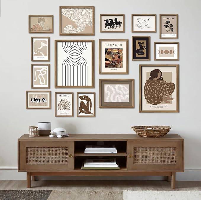 ANERZA 16 PCS Framed Boho Eclectic Wall Art Decor, Abstract Wall Collage Kit Prints for Bedroom Bathroom, Gallery Wall Frame Set, Minimalist Posters for Living Room Aesthetic, Beige and Brown Dorm Artwork