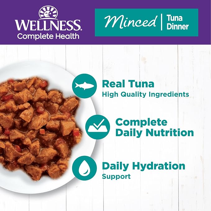Wellness Complete Health Minced Adult Canned Wet Cat Food, Natural, Protein Rich, Grain Free, Tuna Dinner Recipe, 5.5 oz, Pack of 24 Cans