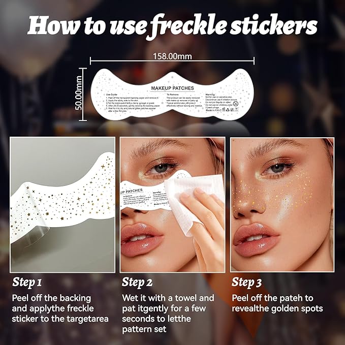 GOLD Glitter Freckles Makeup Patches, 12PCS Speckles Face Tattoos Sticker Set, Temporary Face Sparkle Sticker Makeup Accessories for Women Girl, Lasting & Waterproof