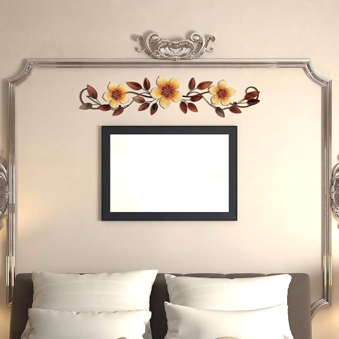 Wesiti Metal Flower Wall Decor Vintage Metal Flower Wrought Iron Scroll Sculpture 15.7''x3.7'' Not 3D, Flat Farmhouse Leaf Wall Decor with Nails for Summer Bedroom Kitchen Indoor Outdoor(Yellow)