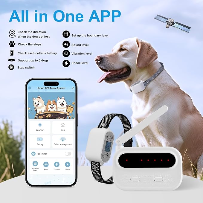 GPS Wireless Dog Fence System with App Control - No Subscription & No Wire, up to 984 FT IPX7 Waterproof Electric Pet Containment Collar Support up to 5 Dogs(White)