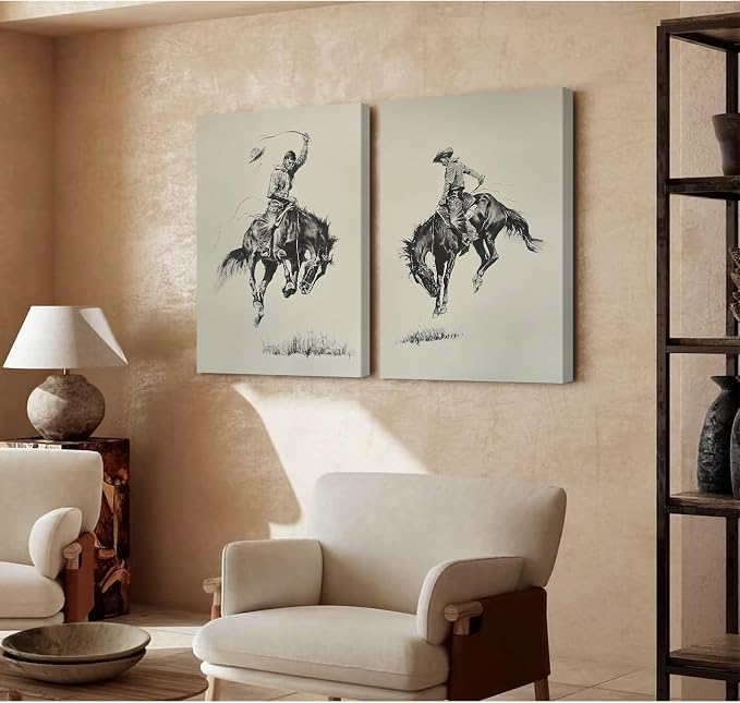 Western Cowboy Wall Art Decor Vintage Farmhouse Prints Western Cowboy Canvas Poster Retro Southwestern Wall Art Antique West Pictures Vintage Painting for Bathroom Bedroom 16x24x2 Inch Ready to Hang
