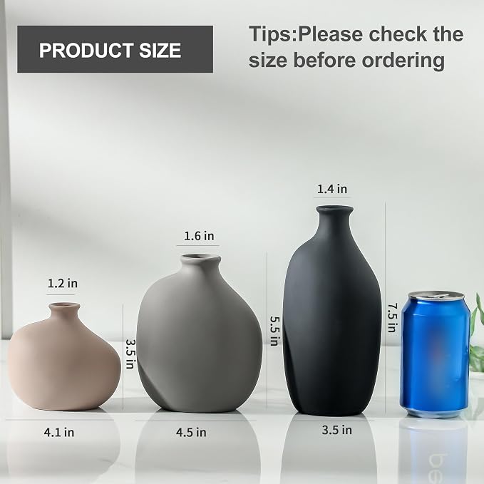 Ceramic Vase Set of 3, Small Modern Minimalist Pottery Vases for Home Decor | Set of 3 with unique shapes and matte finish, perfect for shelves, tables, dried flowers and pampas grass.