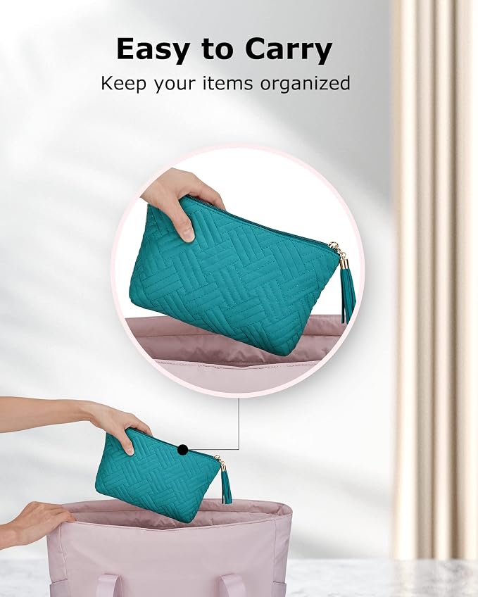 BAGSMART Small Makeup Bag, Elegant Cosmetic Pouch with Tassel, Soft Water-Resistant Travel Organizer for Women, Cosmetics & Everyday Essentials, Teal